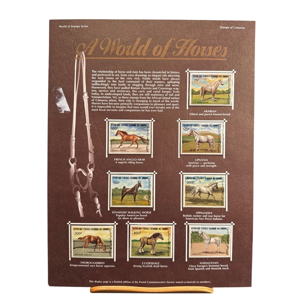Postal Commemorative Society A World of Horses Comoros Stamp Display Page 8pcs